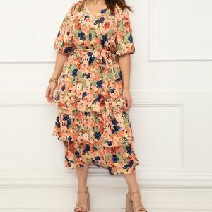 Women's Plus Size Tiered Midi Dress With Tie